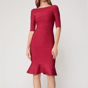 BRAND NEW (TAG REMOVED) HERVE LEGER OFF-SHOULDER FLARE DRESS IN CRANBERRY
